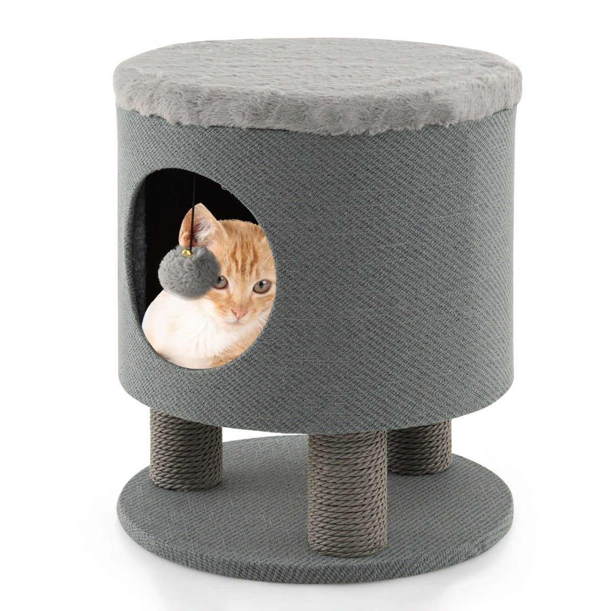 Cat Condo Stool for Indoor Cats with Scratching Posts and Plush Ball Toy-Grey