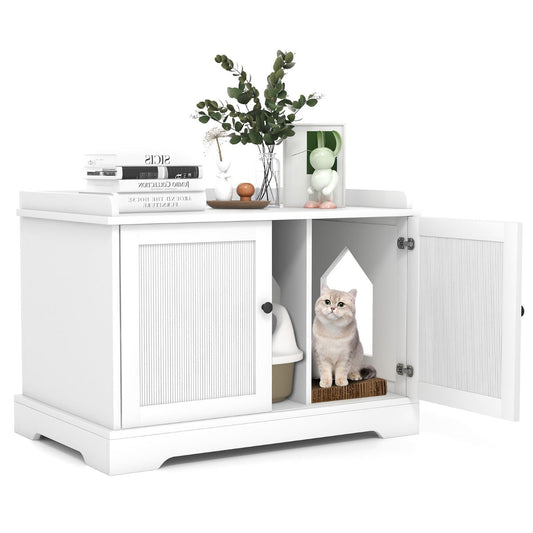 Wooden Cat House with Scratching Pad and Adjustable Divider-White