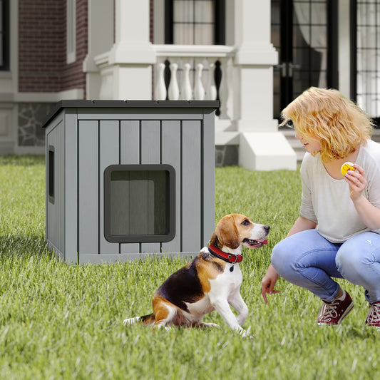 Cat House Pet Kennel with 2 PVC Doors and Sloped Roof-Grey