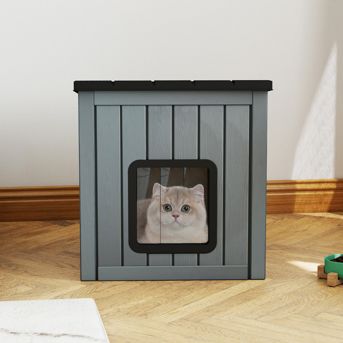 Cat House Pet Kennel with 2 PVC Doors and Sloped Roof-Grey