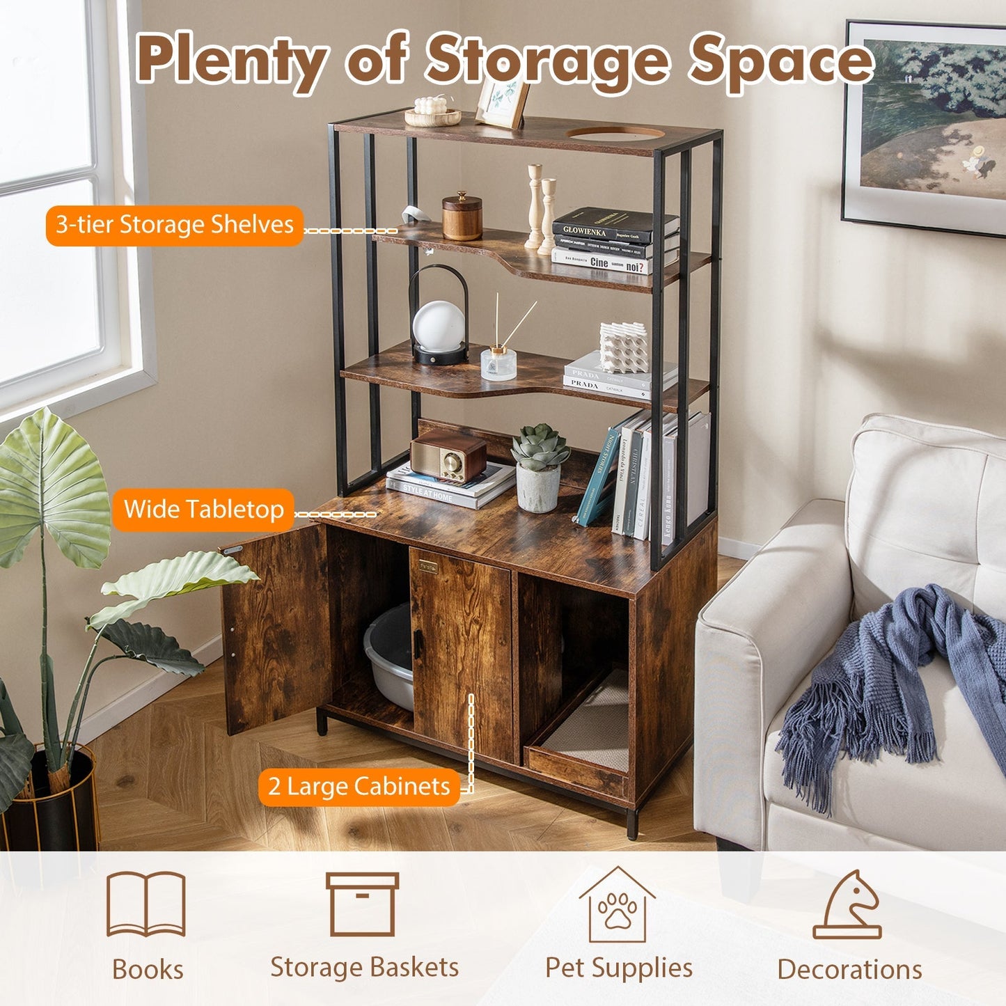 Cat Litter Box Enclosure with Storage and Shelves-Coffee