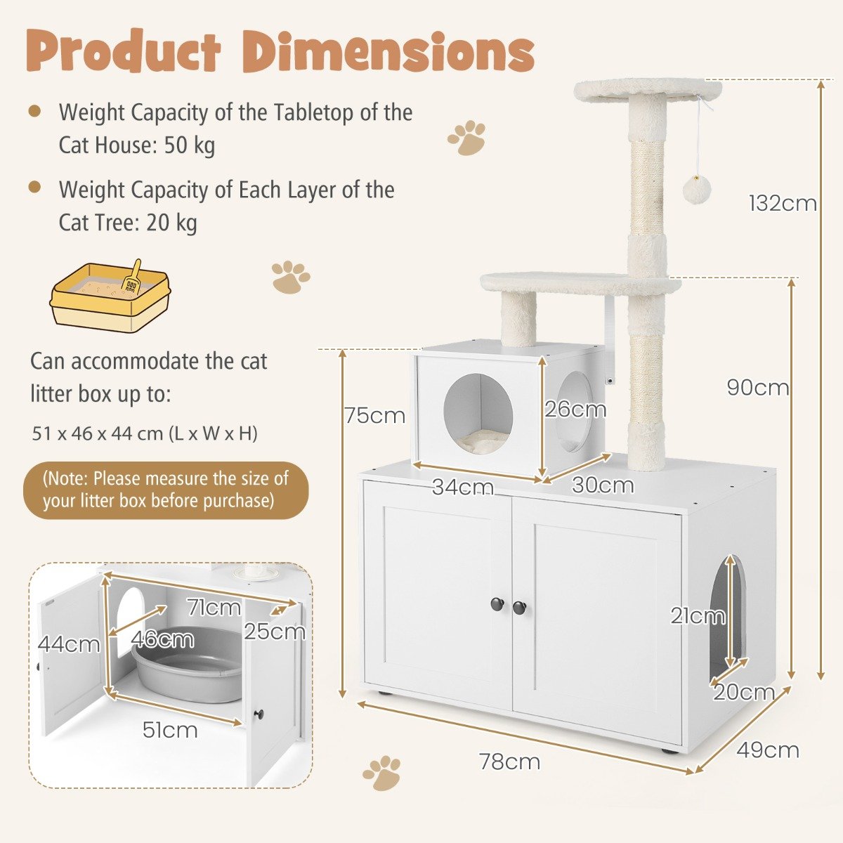 Cat Litter Box Enclosure with Cat Tree and Kitty Condo-White