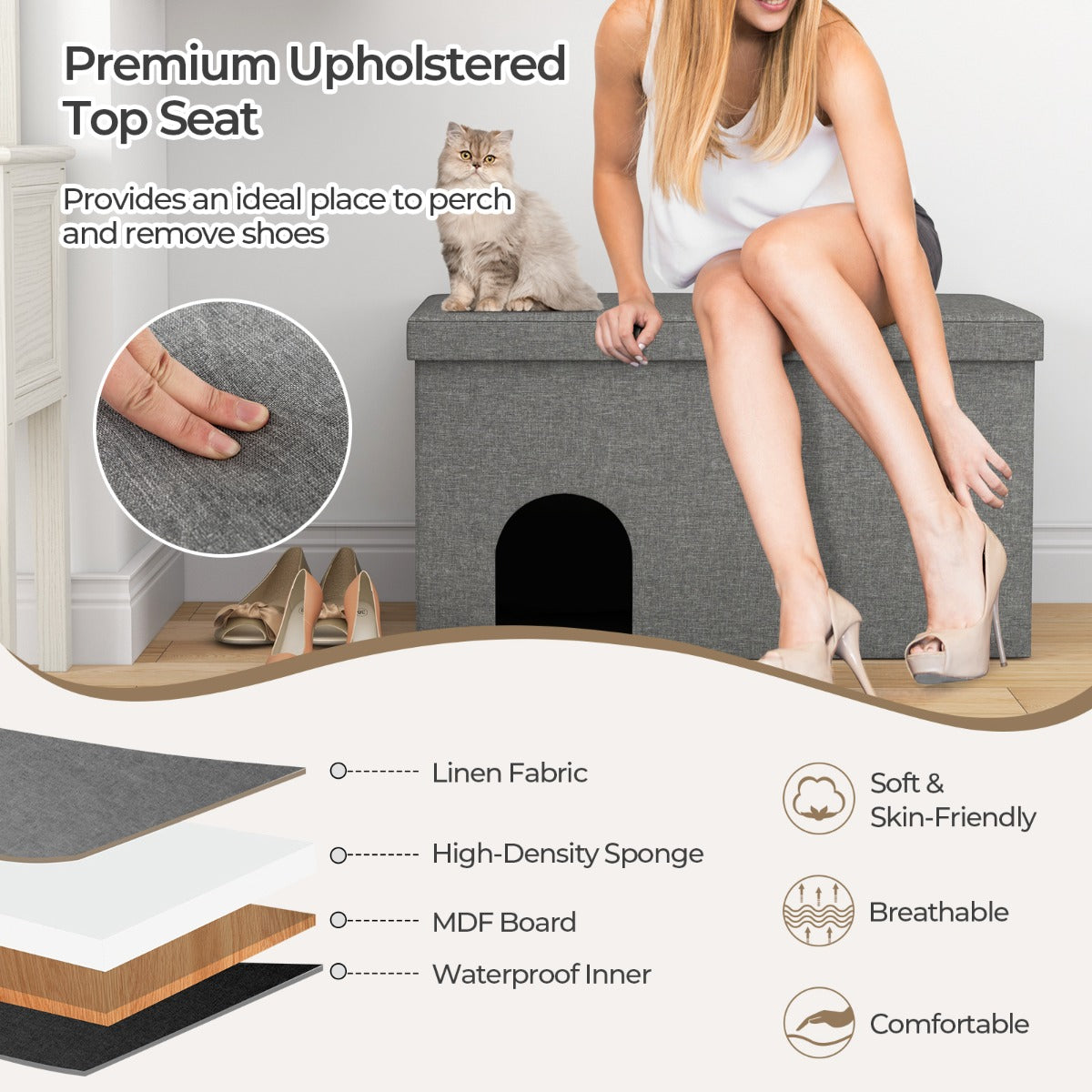 Cat Litter Box Enclosure Hidden Furniture with Urine Proof Litter Mat-Gray