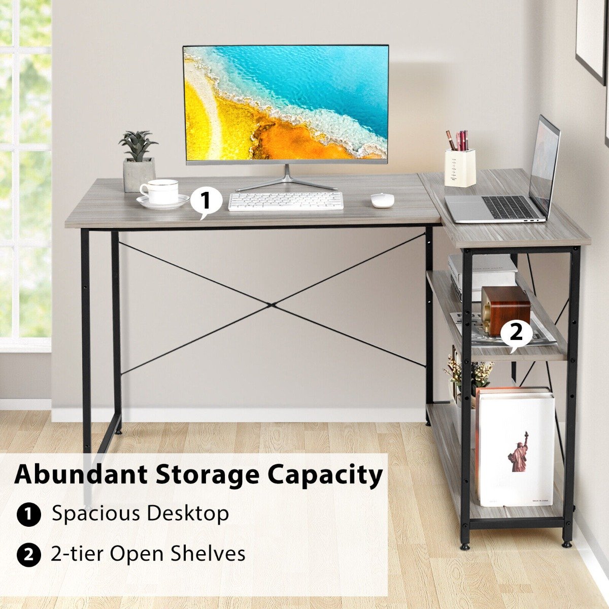 L-Shaped Corner Computer Desk with Reversible and Adjustable Bookshelf-Grey