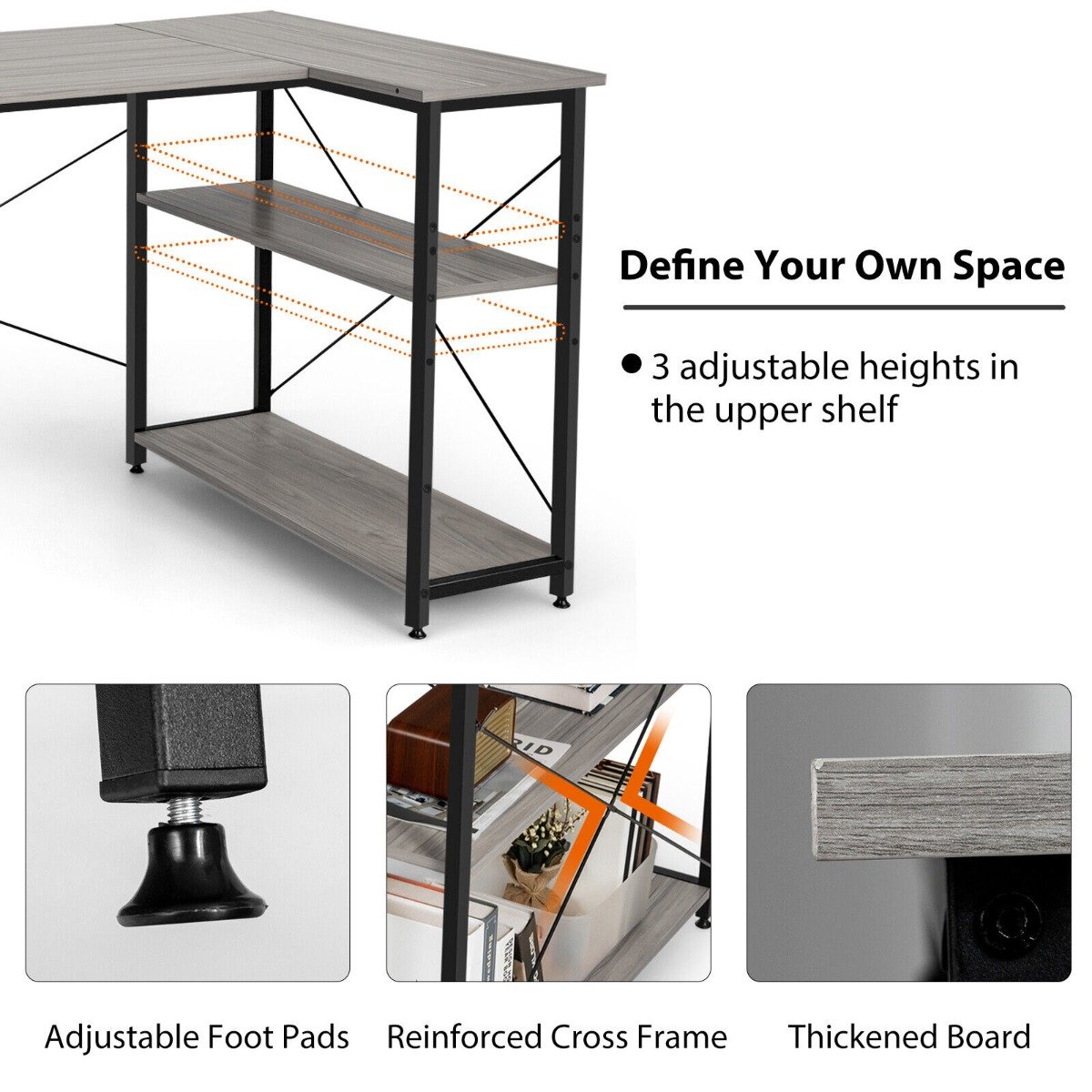 L-Shaped Corner Computer Desk with Reversible and Adjustable Bookshelf-Grey