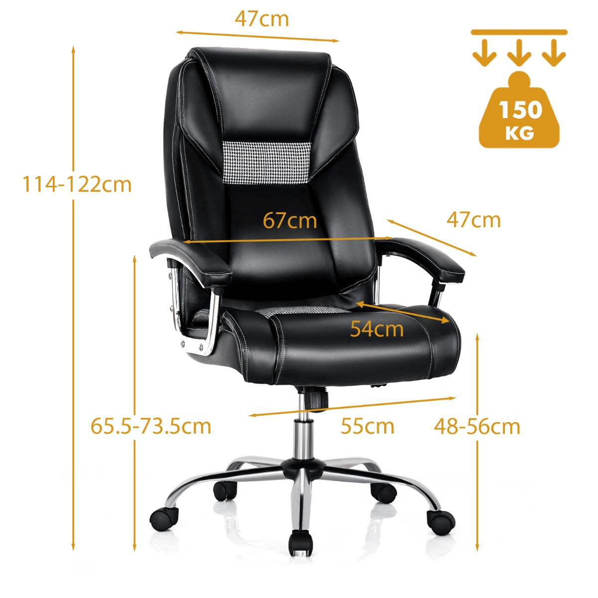 Office chair with high back padded armrests, Home executive chair upholstered in black pvc leather