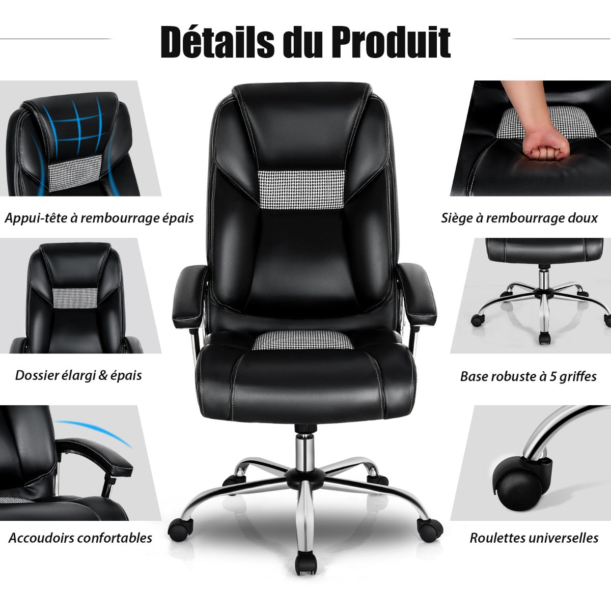 Office chair with high back padded armrests, Home executive chair upholstered in black pvc leather