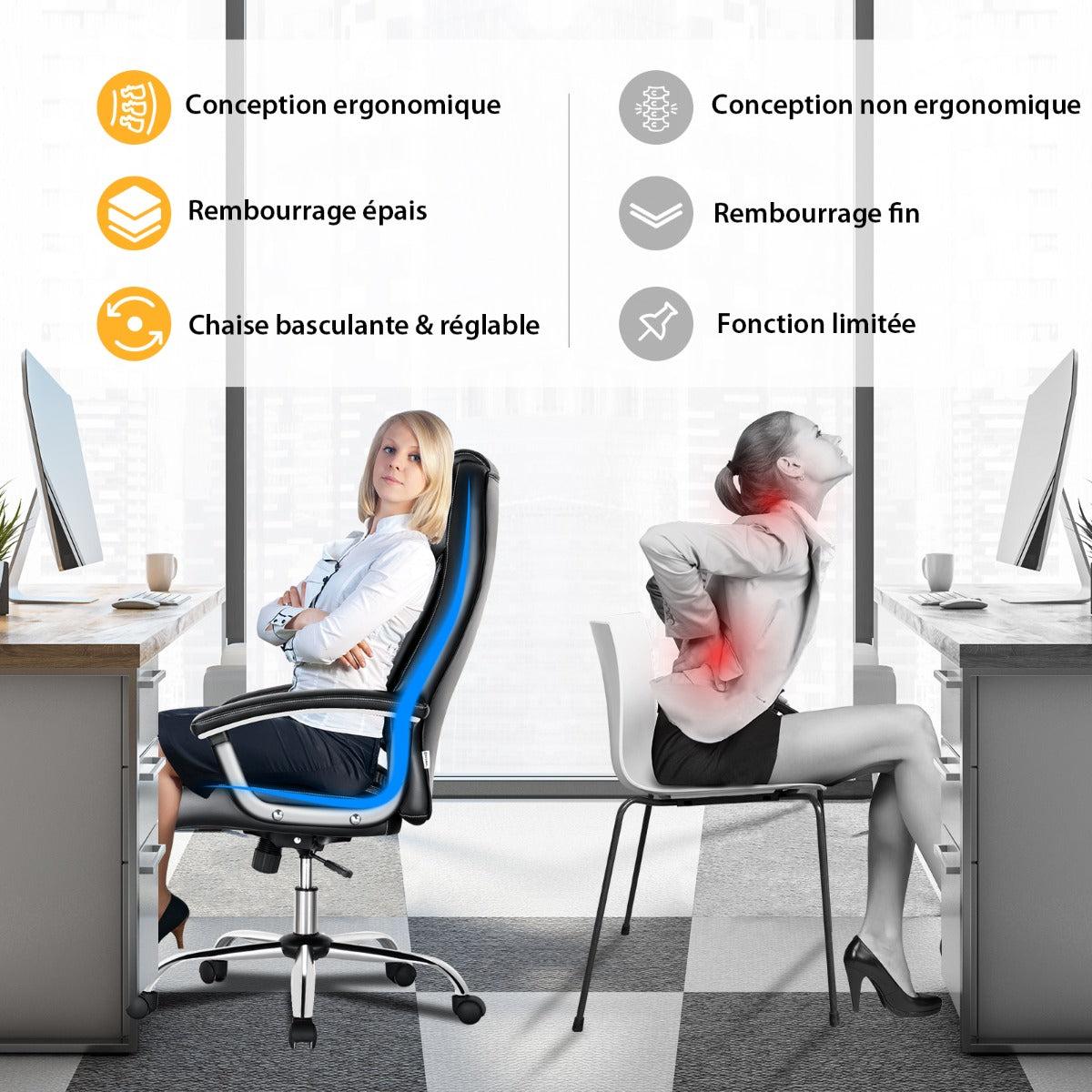 Office chair with high back padded armrests, Home executive chair upholstered in black pvc leather