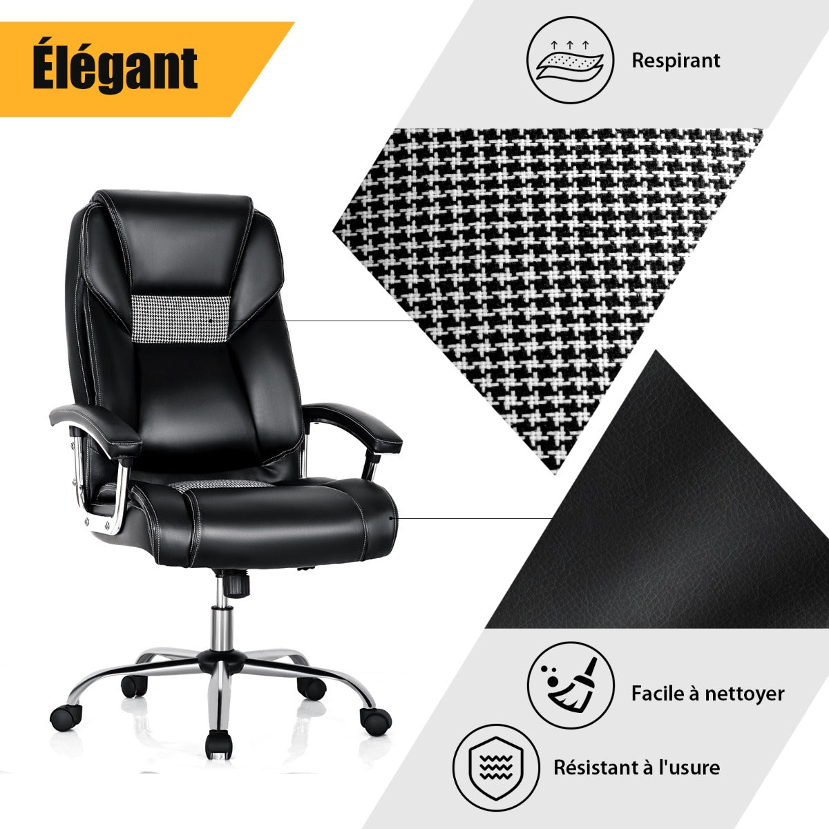 Office chair with high back padded armrests, Home executive chair upholstered in black pvc leather
