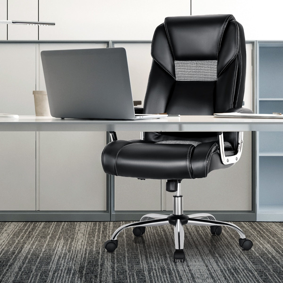 Office chair with high back padded armrests, Home executive chair upholstered in black pvc leather