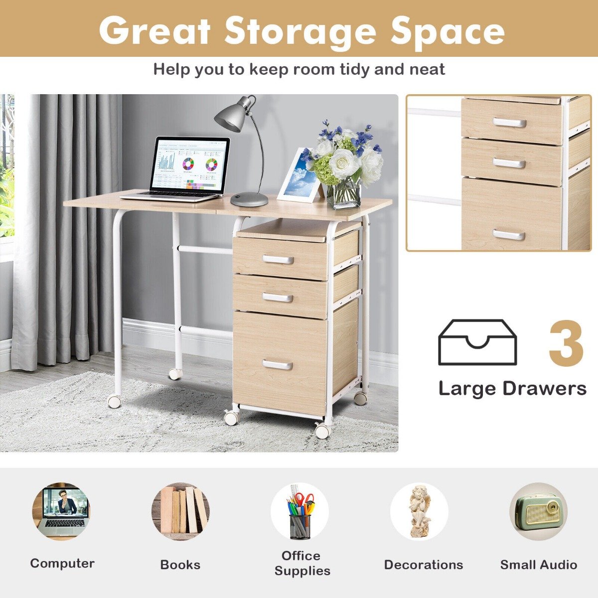 Folding Computer Desk with Rolling Wheels and 3 Drawers for Home Office-Natural