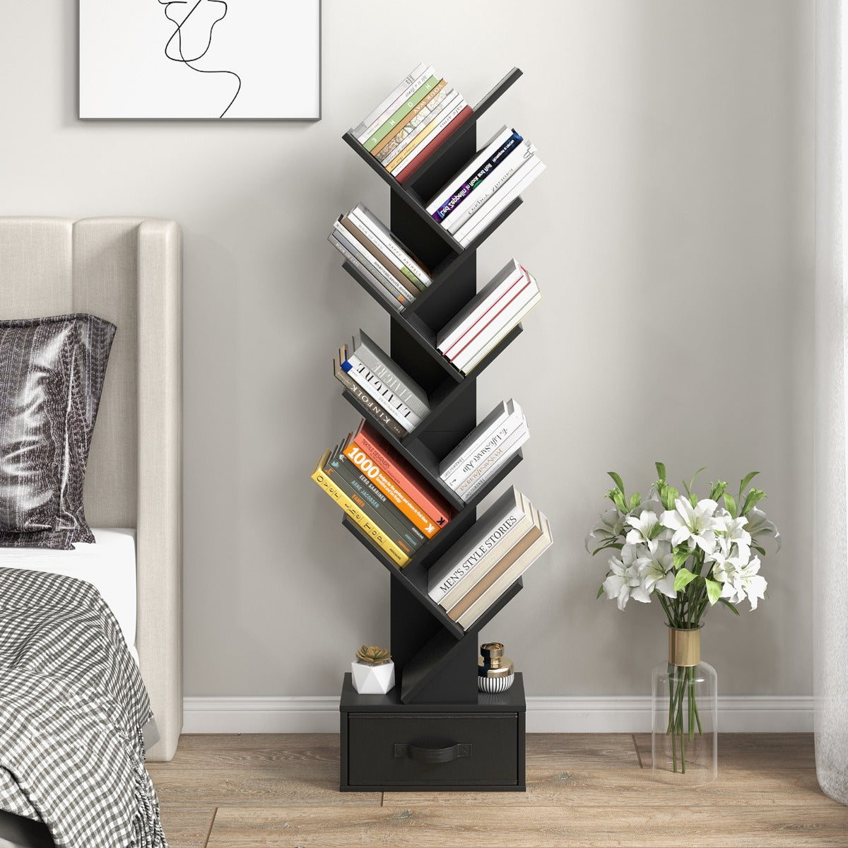 10 Tier Tree Bookshelf with Drawer Floor Standing Storage Rack Black