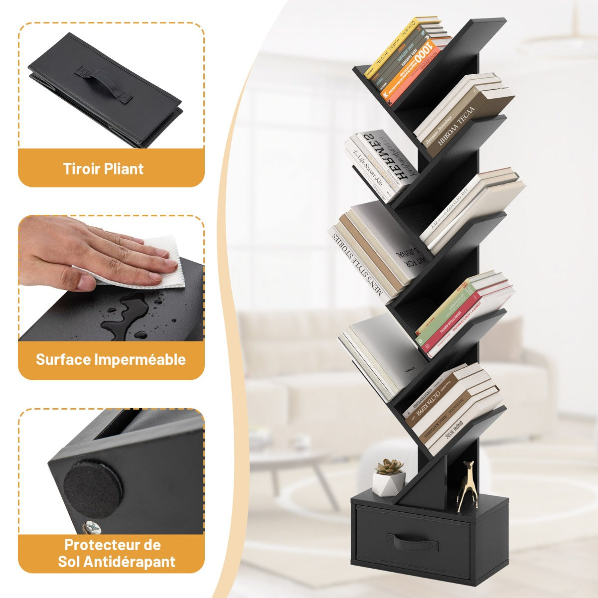 10 Tier Tree Bookshelf with Drawer Floor Standing Storage Rack Black