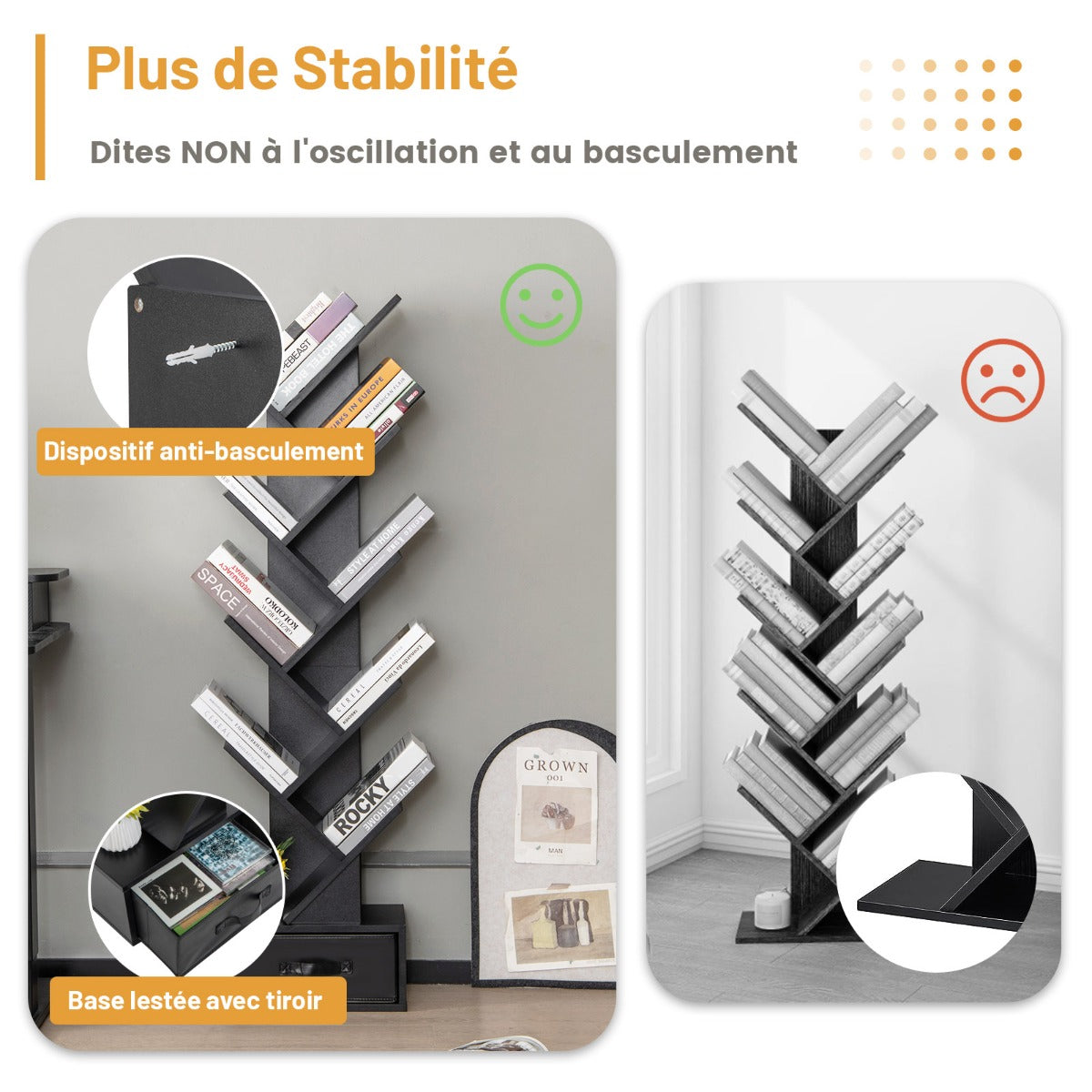 10 Tier Tree Bookshelf with Drawer Floor Standing Storage Rack Black