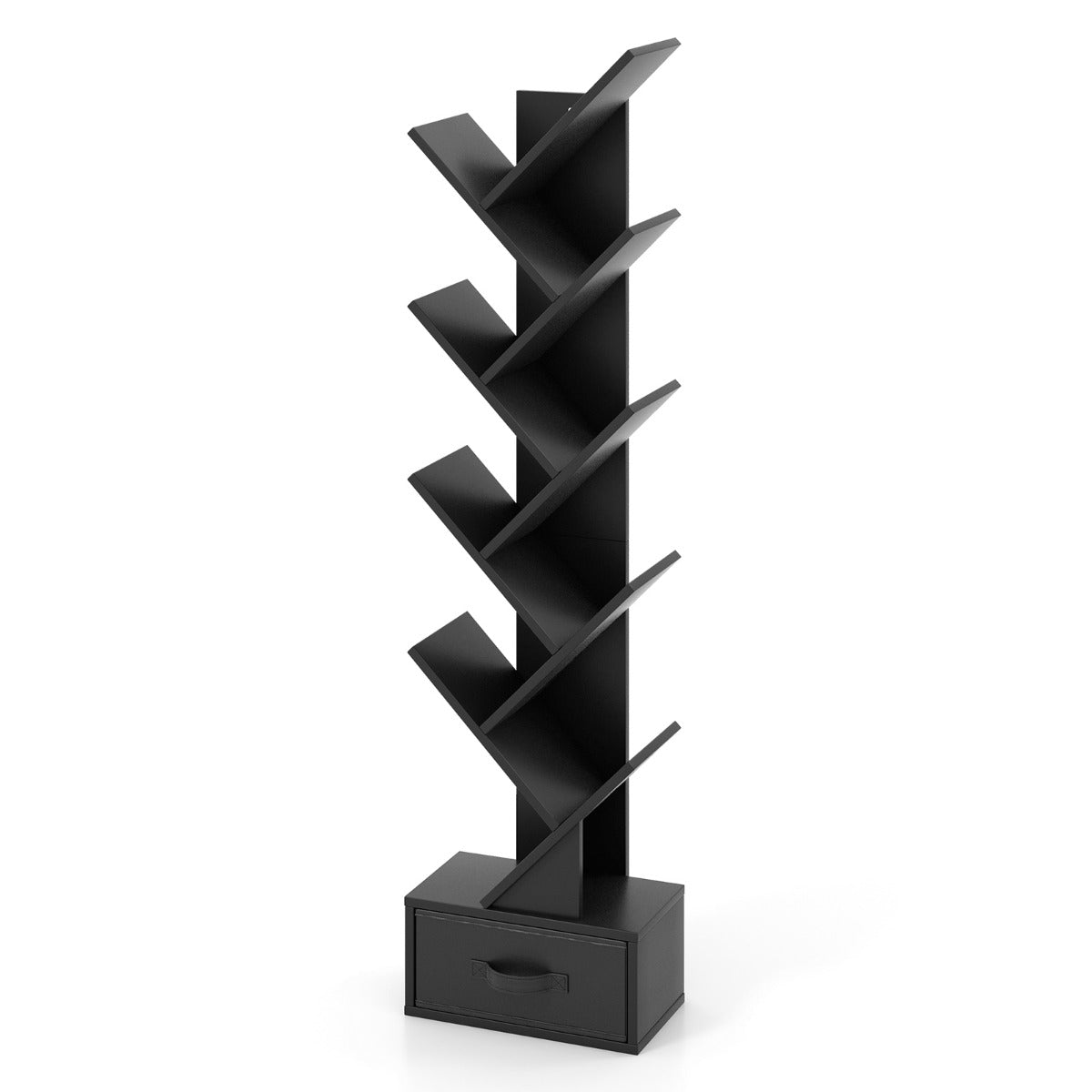 10 Tier Tree Bookshelf with Drawer Floor Standing Storage Rack Black