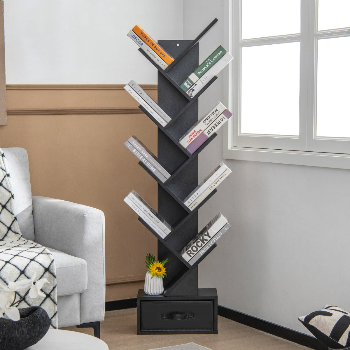 10 Tier Tree Bookshelf with Drawer Floor Standing Storage Rack Black
