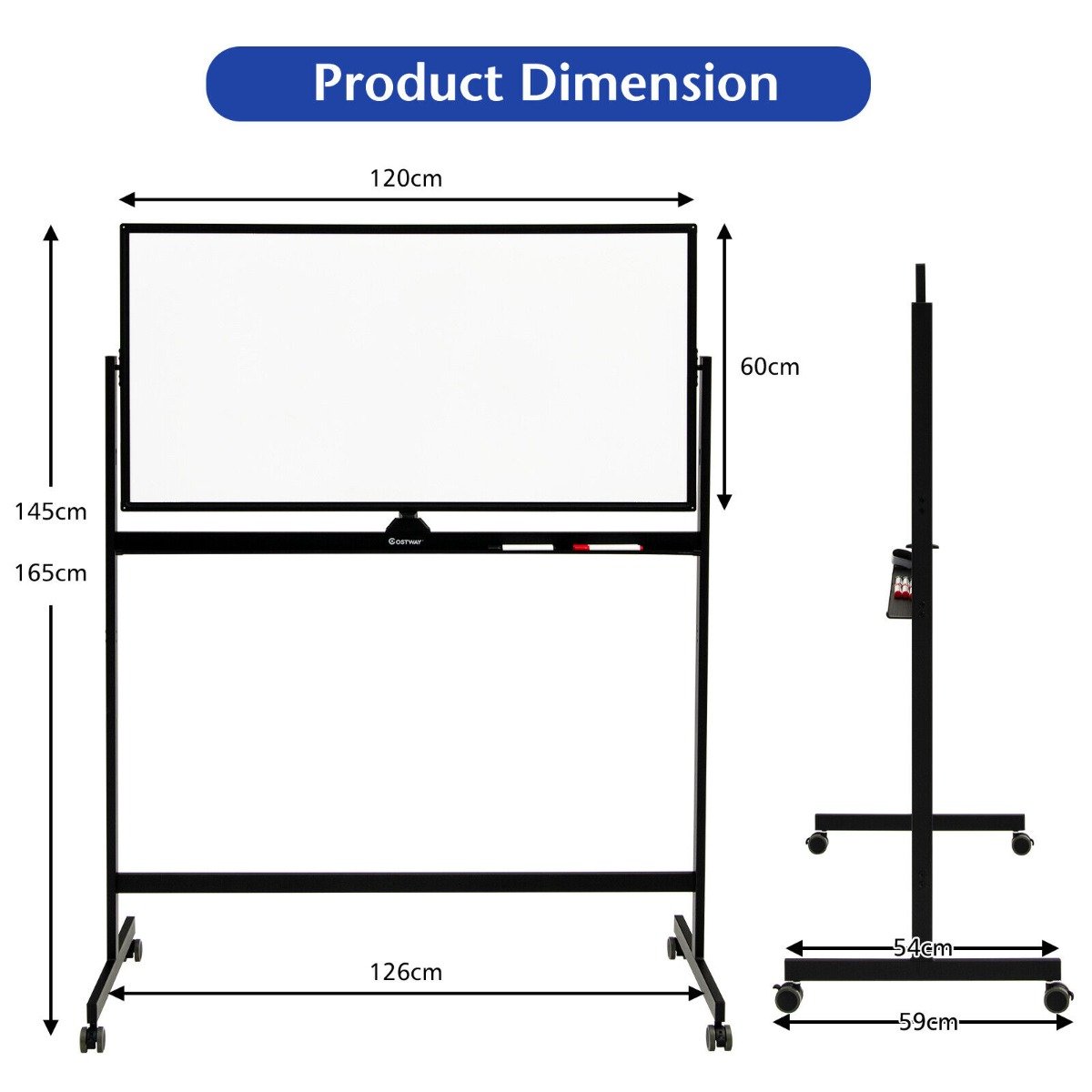 Double-Sided Magnetic Mobile Whiteboard with Magnets Pens and Eraser-Black