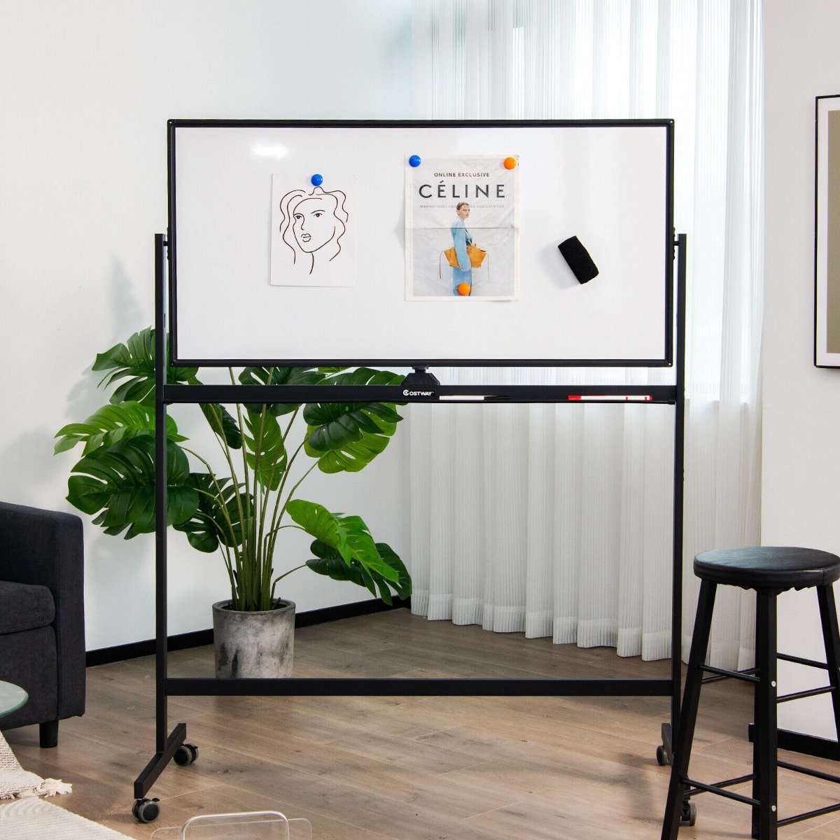 Double-Sided Magnetic Mobile Whiteboard with Magnets Pens and Eraser-Black