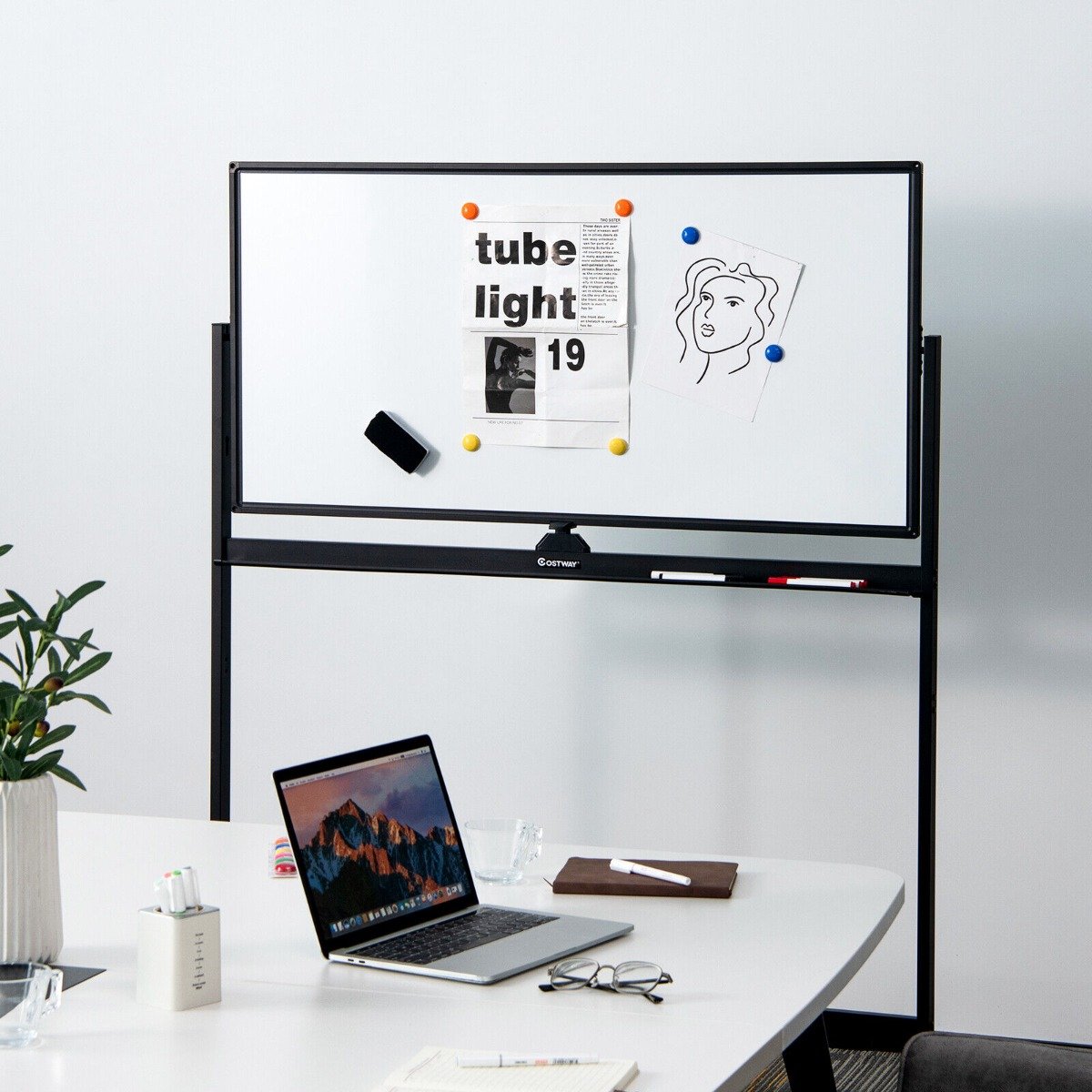 Double-Sided Magnetic Mobile Whiteboard with Magnets Pens and Eraser-Black