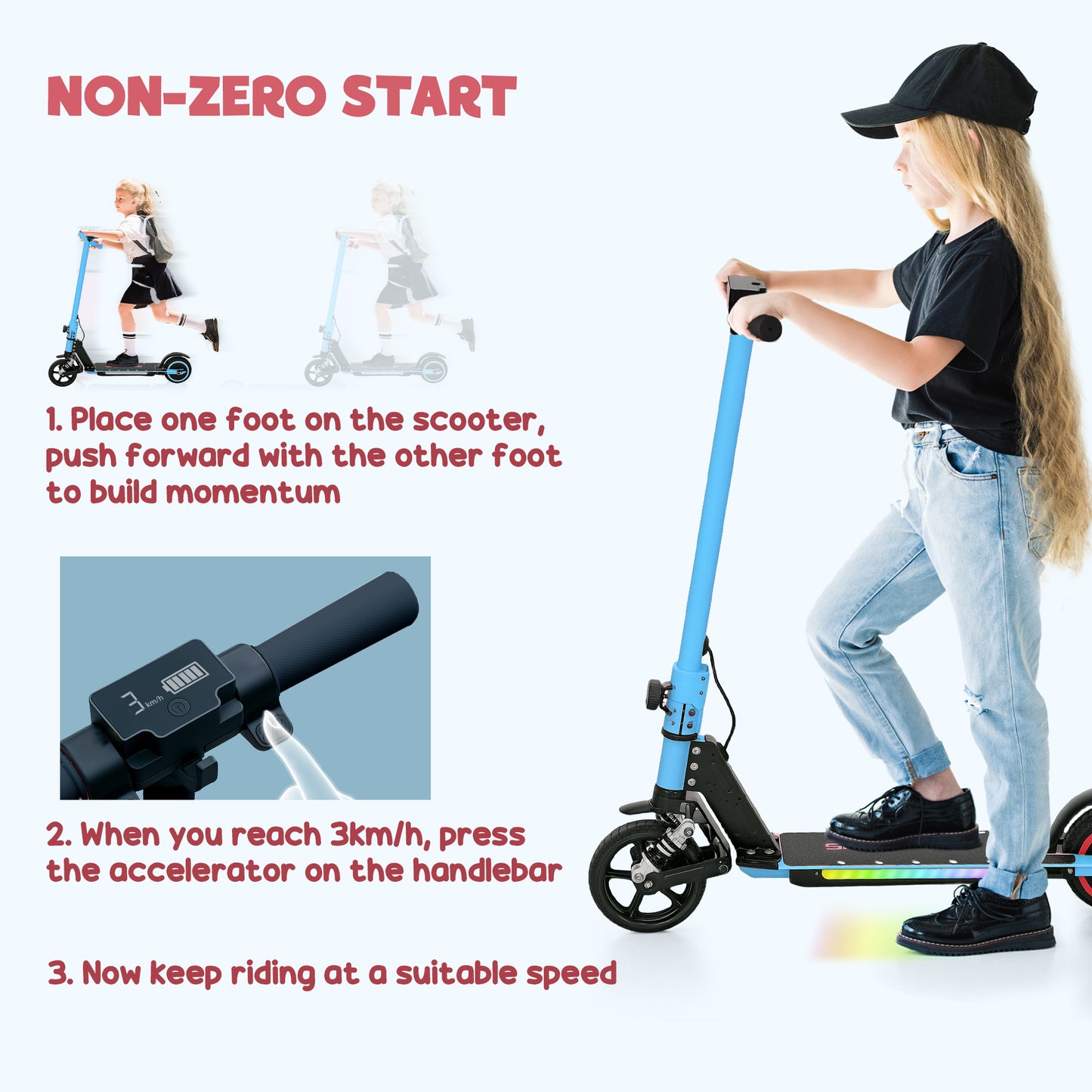SPORTNOW Folding Electric Scooter for Kids, with Dual Brakes, Front Suspension, LED Colourful Lights, Blue