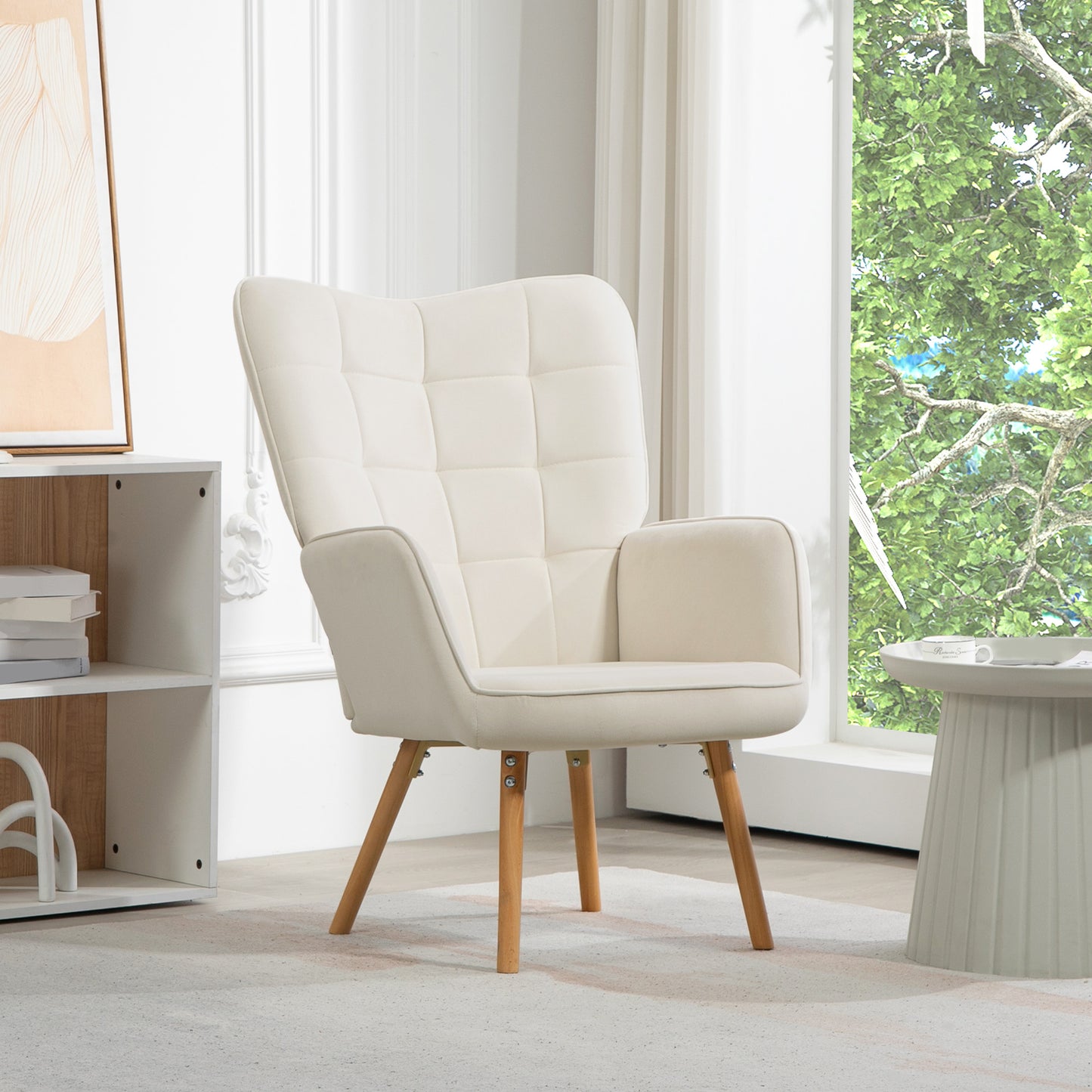 HOMCOM Modern Accent Chair, Upholstered Tufted Wingback Armchair with Seat Padding, Leisure Lounge Bedroom Chair with Wood Legs, Cream White