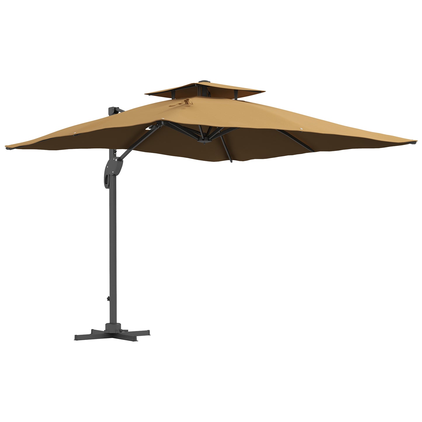 Parasol ogrodowy Outsunny, 3 m, wspornikowy, z mechanizmem hydraulicznym, góra z podwójnym otworem wentylacyjnym, 8 żeber, podstawa krzyżowa, kolor khaki