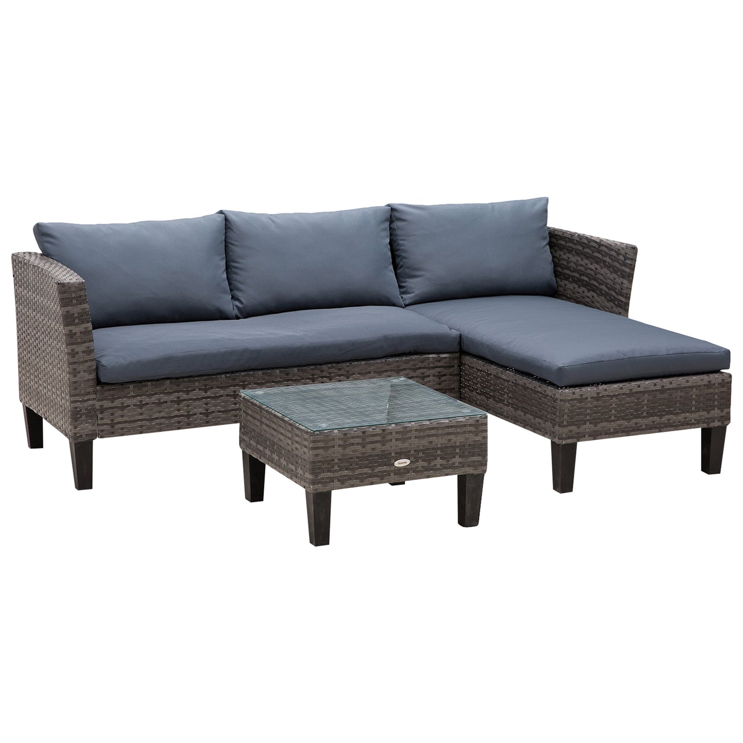 Outsunny 3-częściowy zestaw ogrodowy z PE Rattan z 2 siedziskami, kwadratowy szklany blat, stolik kawowy, grube poduszki, solidne nogi, metalowa rama, patio, balkon, patio, kształt L, narożnik - szary
