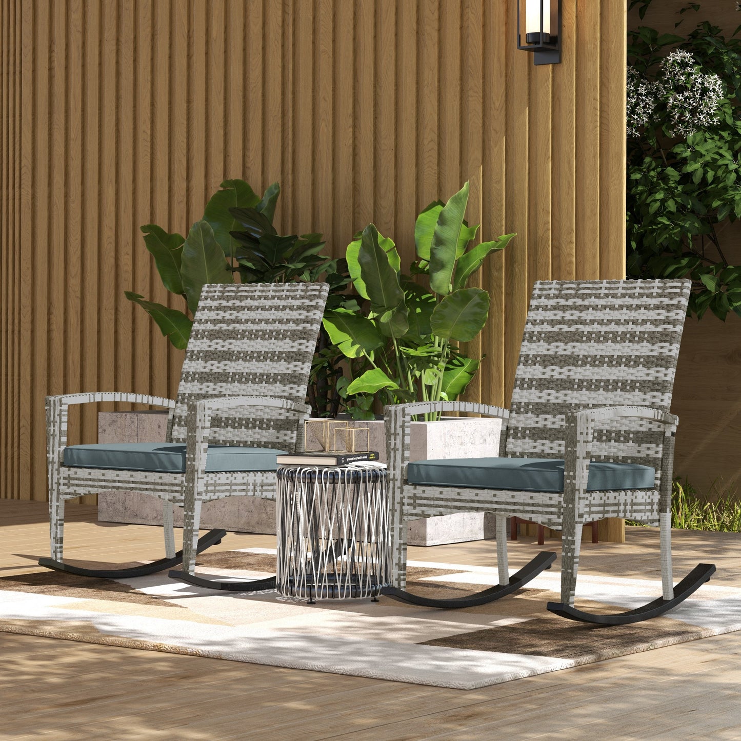 Outsunny Outdoor PE Rattan Rocking Chair Set of 2, Zestaw ogrodowych bujanych krzeseł z podłokietnikiem i poduszką, jasnoszary