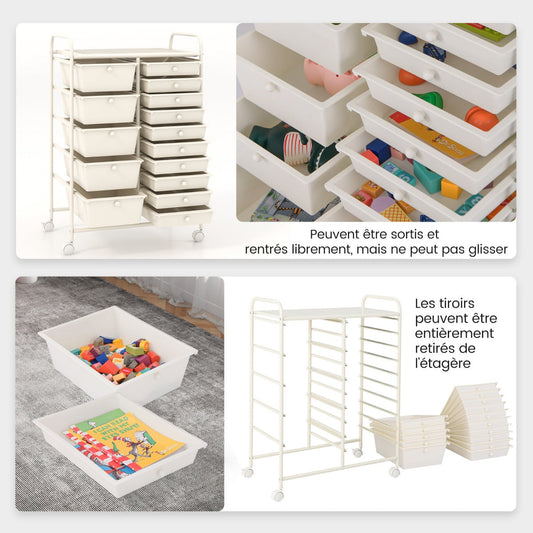 15-Drawer Utility Rolling Organizer Cart Multi-Use Storage-White
