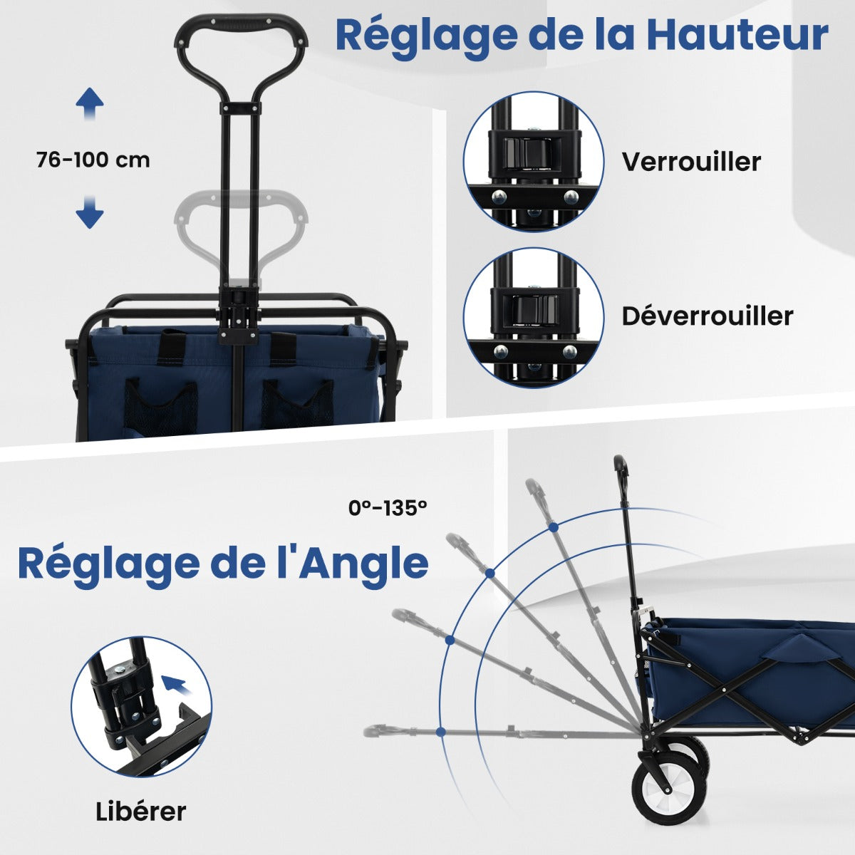 eavy Duty Camping Garden Cart with Adjustable Handle and Drink Holders-Navy