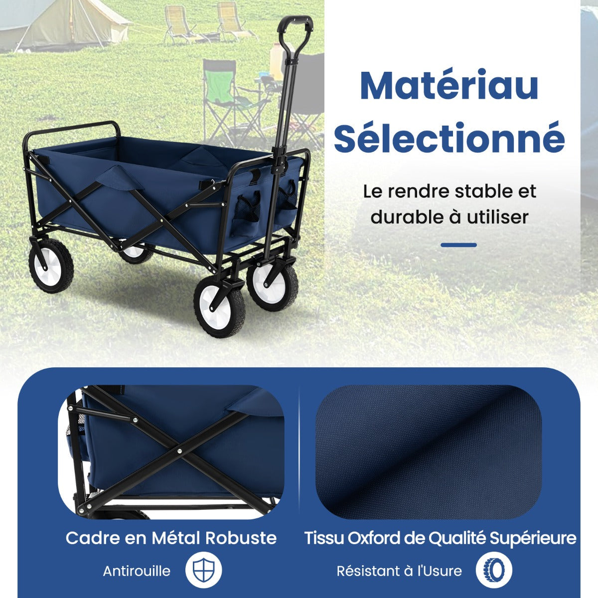 eavy Duty Camping Garden Cart with Adjustable Handle and Drink Holders-Navy