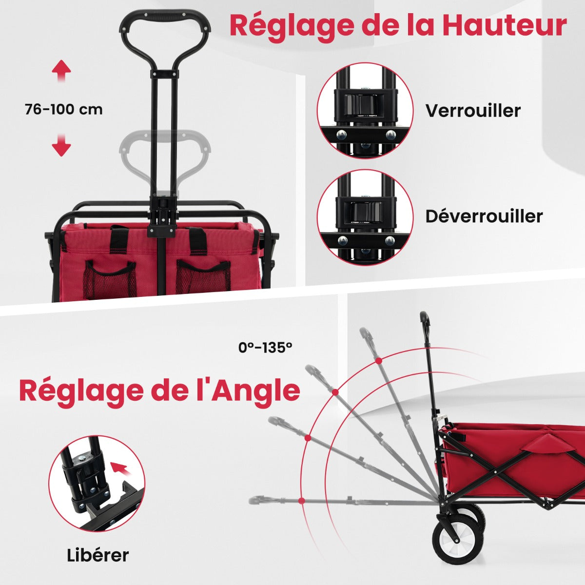 eavy Duty Camping Garden Cart with Adjustable Handle and Drink Holders-Red
