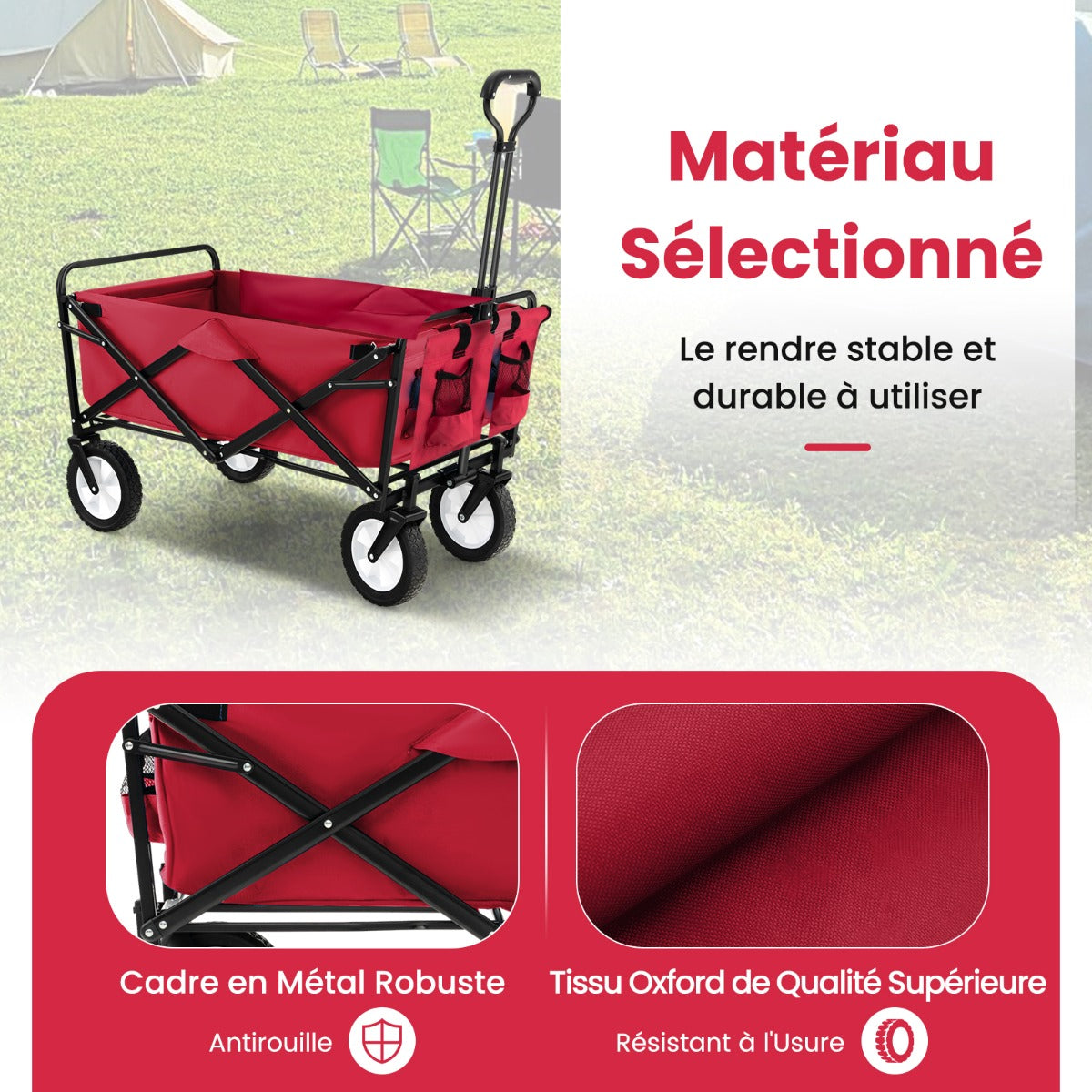 eavy Duty Camping Garden Cart with Adjustable Handle and Drink Holders-Red