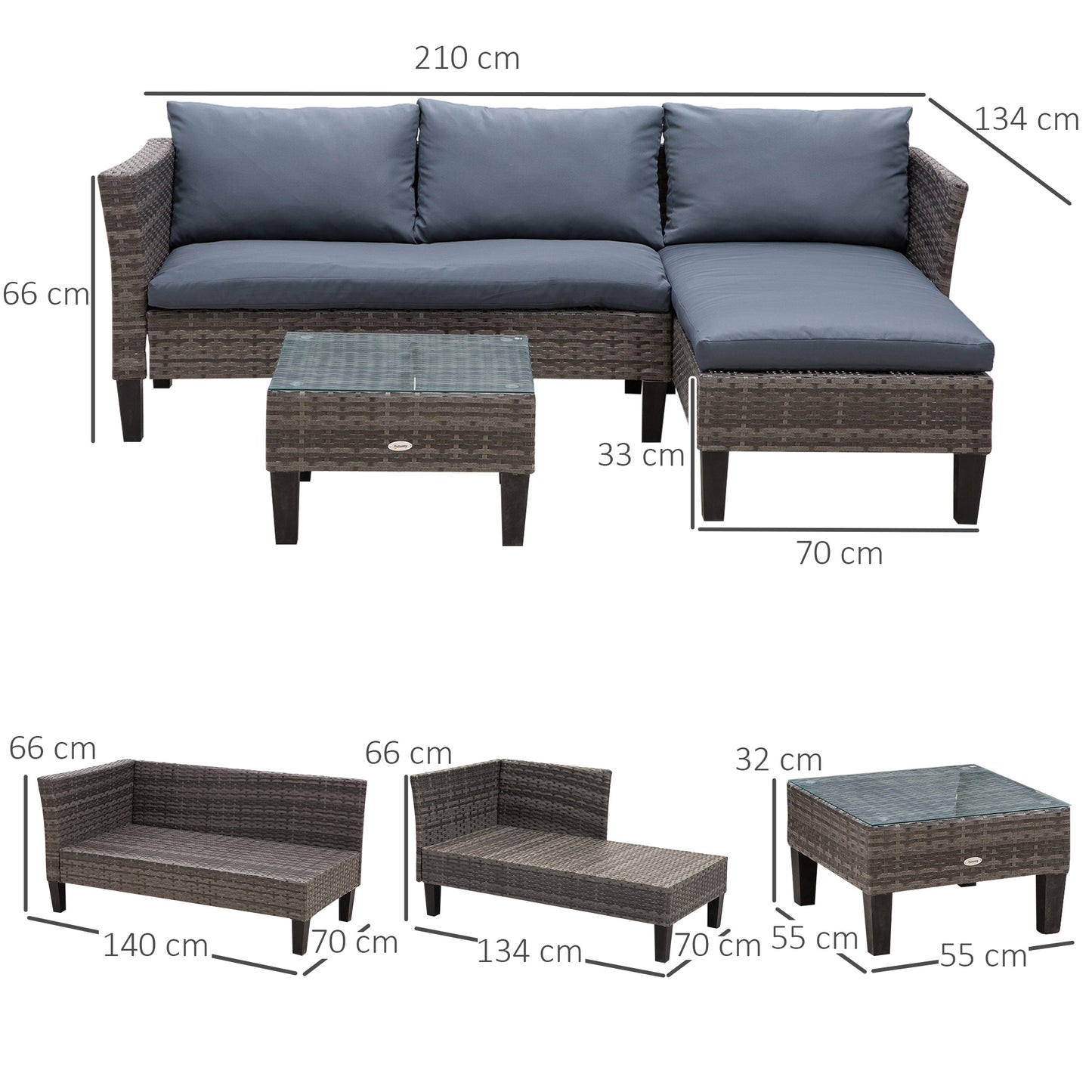 Outsunny 3-częściowy zestaw ogrodowy z PE Rattan z 2 siedziskami, kwadratowy szklany blat, stolik kawowy, grube poduszki, solidne nogi, metalowa rama, patio, balkon, patio, kształt L, narożnik - szary