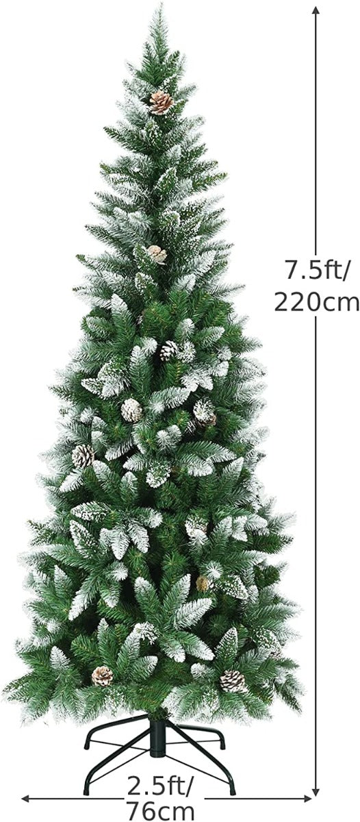 Snow-Flocked Pencil Hinged Artificial Christmas Tree with Pine Cones-7.5 FT