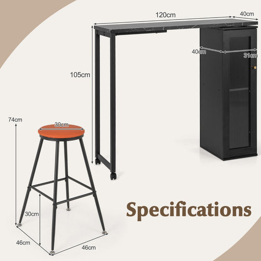 Swivelling Top Bar Table and Chairs Set of 3 with Storage Cabinet-Black