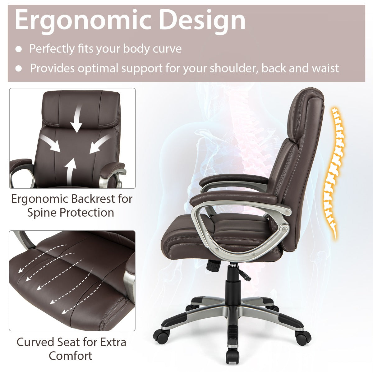 Swivel Ergonomic Office Chair Computer Desk Chair with Wheels-Brown