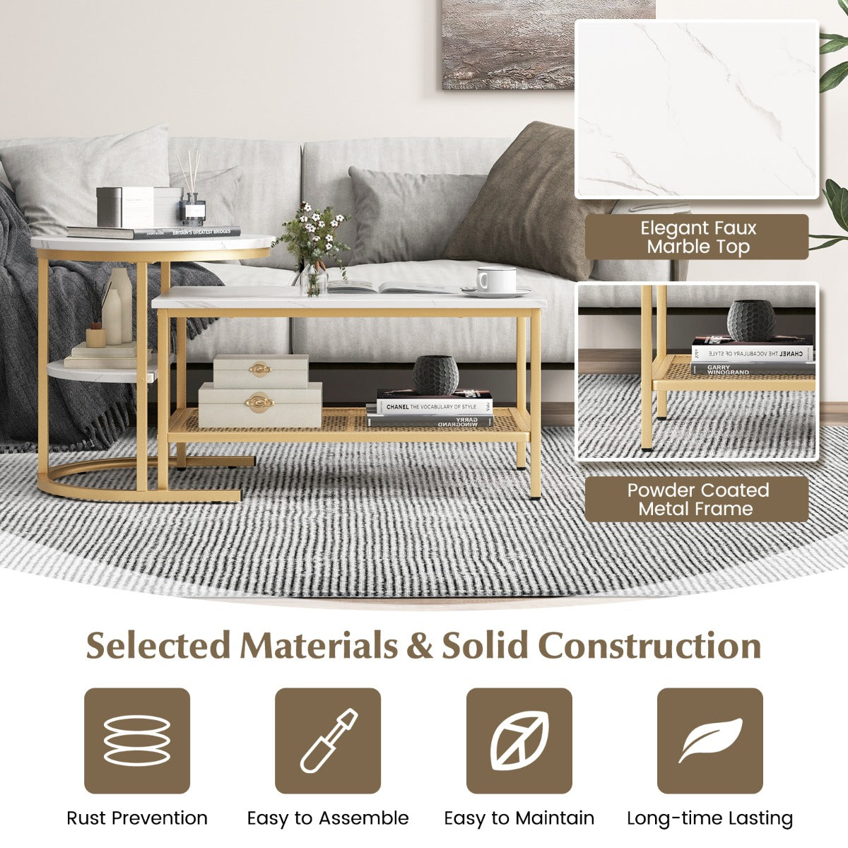 Set of 2 Nesting Coffee Table with Extra Storage Shelf for Living Room-Golden