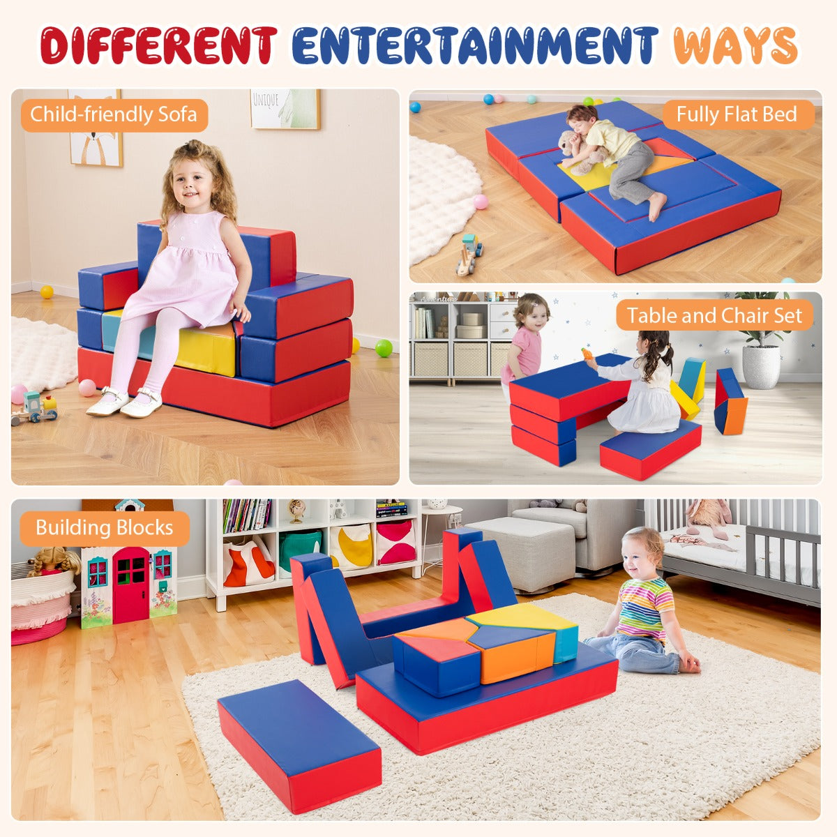4-In-1 Multi-functional Combination Sofa Set with Durable PU Surface for Kids-Multicolour