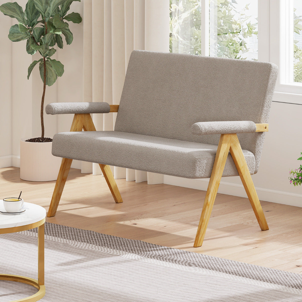 Comfy Upholstered Sherpa Couch with Armrests and Wooden Legs-Grey
