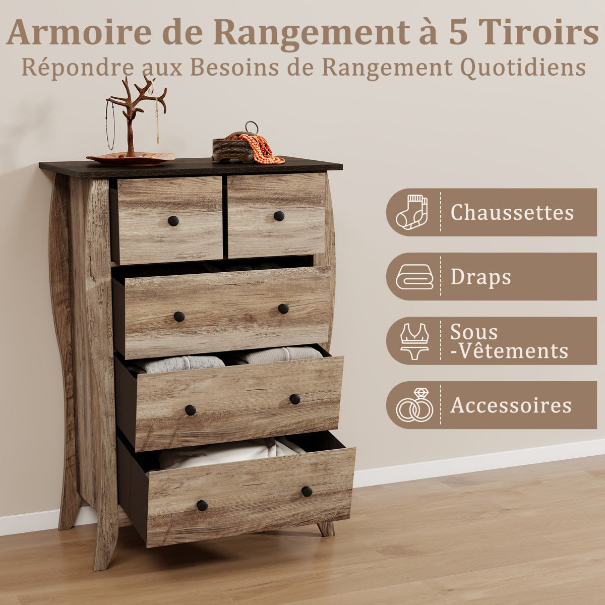 Farmhouse Chest of Drawers with 5 Folding Fabric Drawers and Anti-tipping Kit-Brown