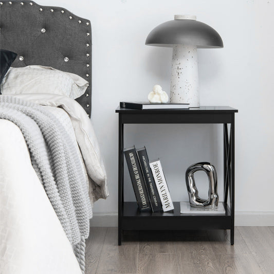 Compact Nightstand with X-shape Design and 4 Solid Legs-Black