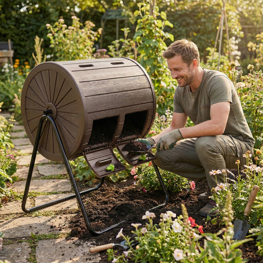 142 Large Outdoor Compost Tumbler with Dual Chambers-Coffee