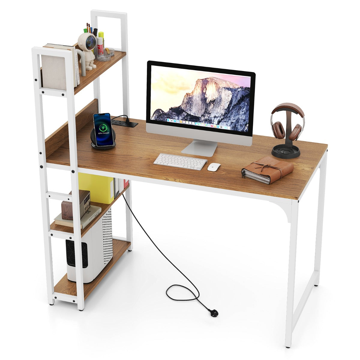 Computer Desk with Power Strip 120 CM Study Writing Desk with Bookshelf-Natural