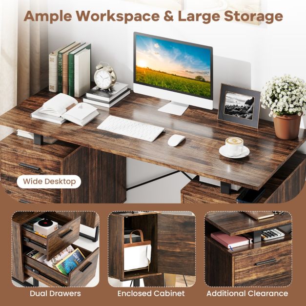 Computer Desk with Floating Desktop and Dual Drawers-Rustic Brown