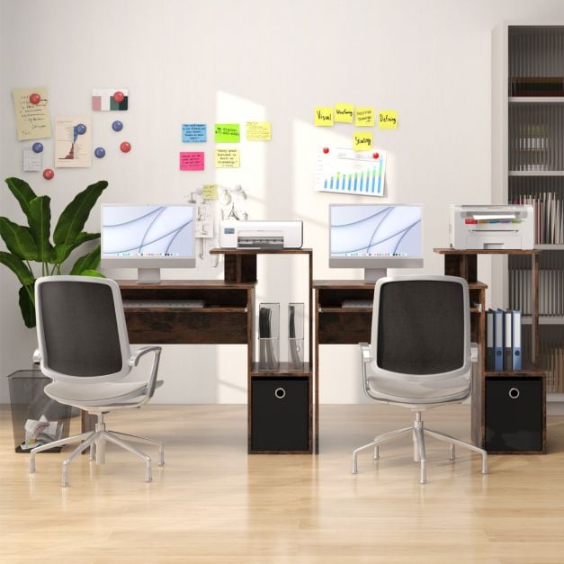 Space-saving Computer Desk with Open Shelf and Fabric Storage Drawer-Rustic Brown