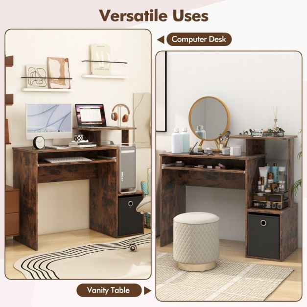 Space-saving Computer Desk with Open Shelf and Fabric Storage Drawer-Rustic Brown