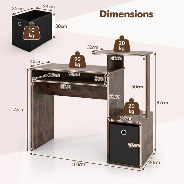 Space-saving Computer Desk with Open Shelf and Fabric Storage Drawer-Rustic Brown