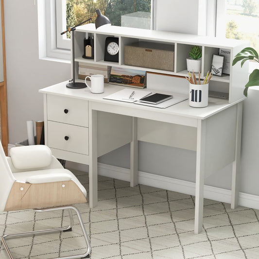 Computer Desk with Power Outlets and 5-Cubby Hutch-White