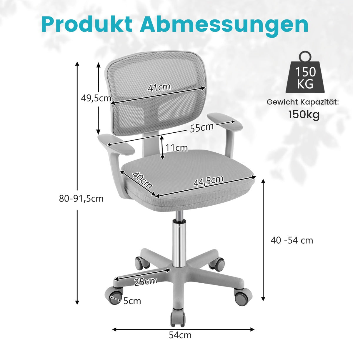 Adjustable Desk Chair with 5 Rolling Casters for Kids-Gray